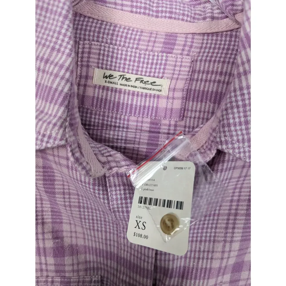 Free People We The Free Lilac Pink Plaid Puff Sleeve Cropped Flannel Top XS